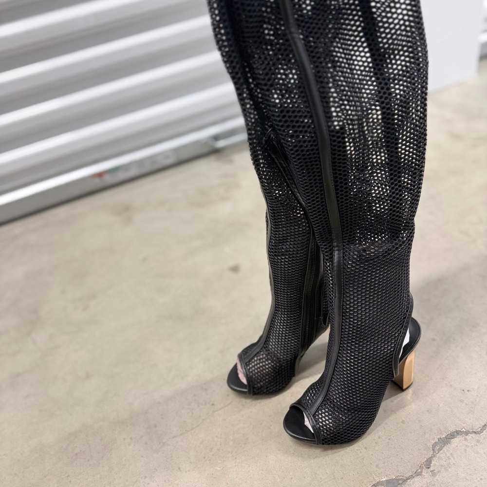Bamboo Black Mesh Over The Knee Boots Open Toe Gold Block Heel Womens 7